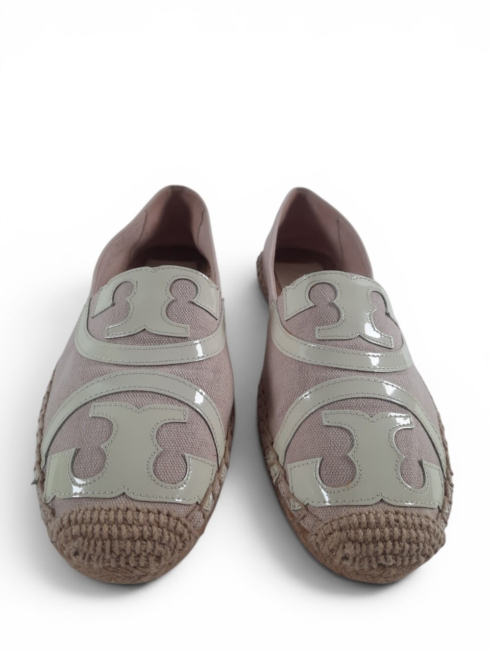 TORY BURCH Jute Espadrille Poppy Leather Canvas Cap Toe Pale Pink Ivory Logo 8 - Picture 4 of 11